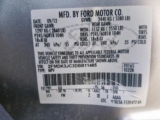 2FMDK3JC3DBB11485 - 2013 FORD EDGE SEL SILVER photo 10