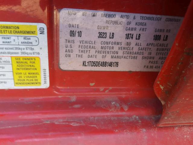 KL1TD5DE4BB146176 - 2011 CHEVROLET AVEO LS RED photo 10