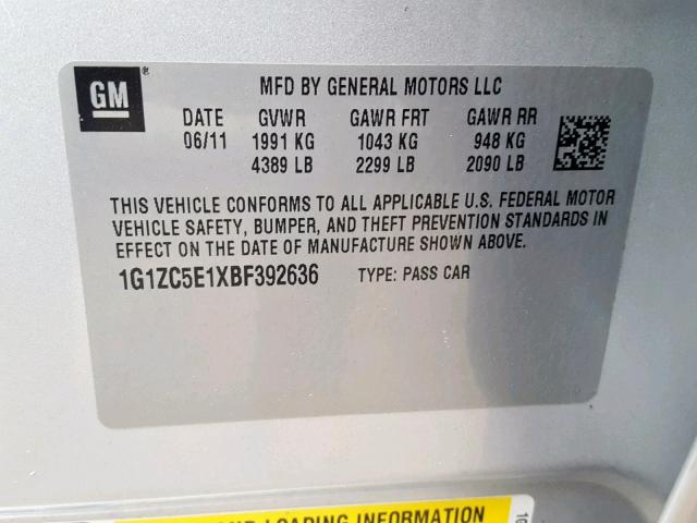 1G1ZC5E1XBF392636 - 2011 CHEVROLET MALIBU 1LT SILVER photo 10