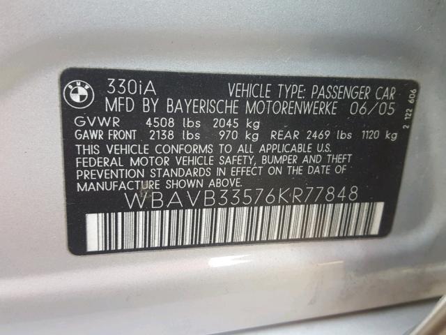 WBAVB33576KR77848 - 2006 BMW 330 I SILVER photo 10