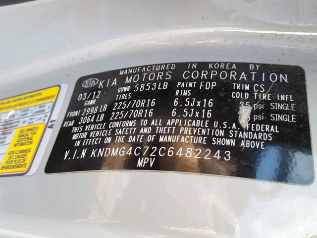 KNDMG4C72C6482243 - 2012 KIA SEDONA LX SILVER photo 10