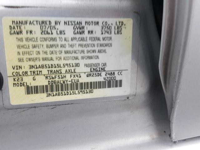 3N1AB51D15L595130 - 2005 NISSAN SENTRA SE- SILVER photo 10