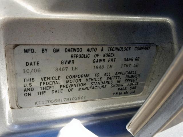 KL1TD56617B102844 - 2007 CHEVROLET AVEO BASE Күміс фото 10