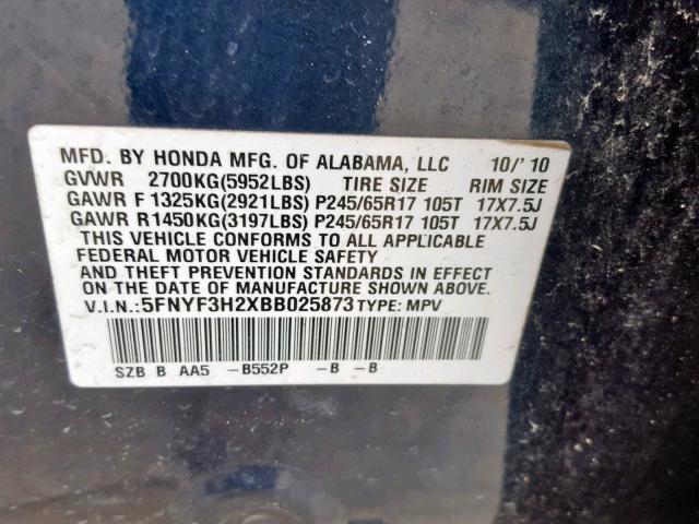 5FNYF3H2XBB025873 - 2011 HONDA PILOT LX BLUE photo 10