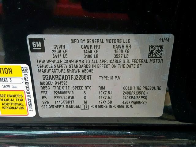 5GAKRCKD7FJ228047 - 2015 BUICK ENCLAVE BLACK photo 10