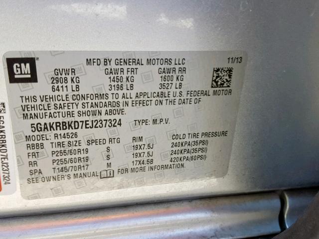 5GAKRBKD7EJ237324 - 2014 BUICK ENCLAVE SILVER photo 10