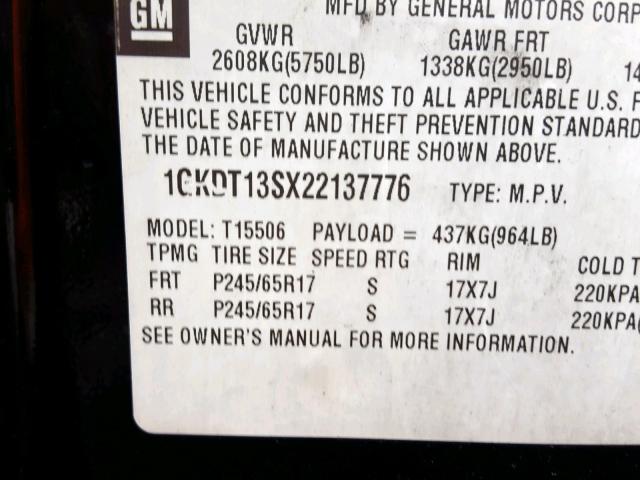 1GKDT13SX22137776 - 2002 GMC ENVOY BLACK photo 10