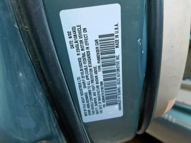 4S3BH675137607669 - 2003 SUBARU LEGACY OUT GREEN photo 10