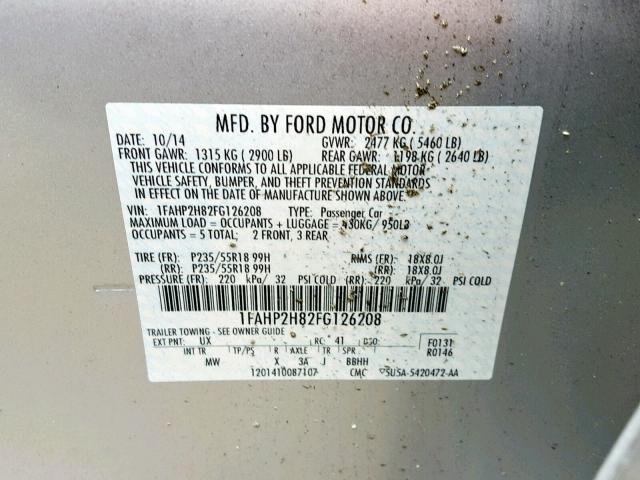 1FAHP2H82FG126208 - 2015 FORD TAURUS SEL GRAY photo 10