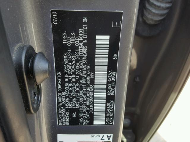 JTJJM7FX5A5017688 - 2010 LEXUS GX PREMIUM GRAY photo 10