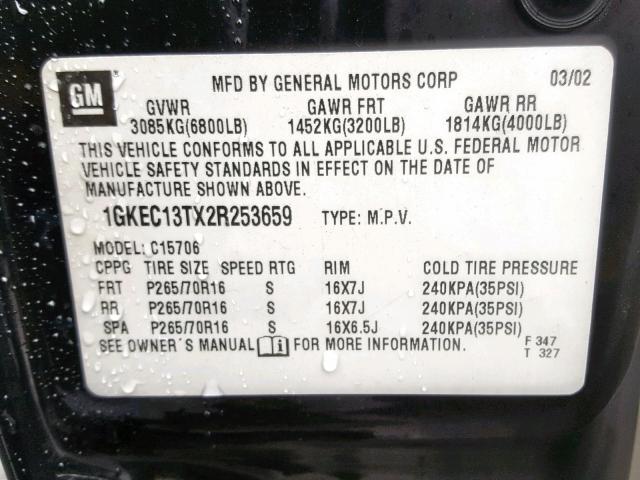 1GKEC13TX2R253659 - 2002 GMC YUKON BLACK photo 10