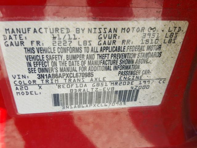 3N1AB6APXCL670985 - 2012 NISSAN SENTRA 2.0 RED photo 10