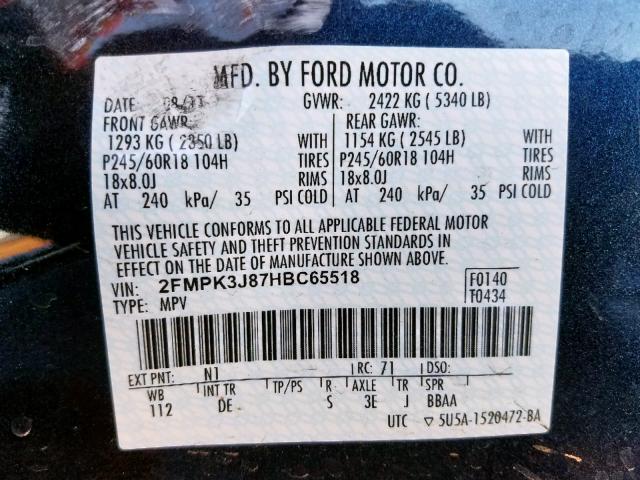 2FMPK3J87HBC65518 - 2017 FORD EDGE SEL BLUE photo 10