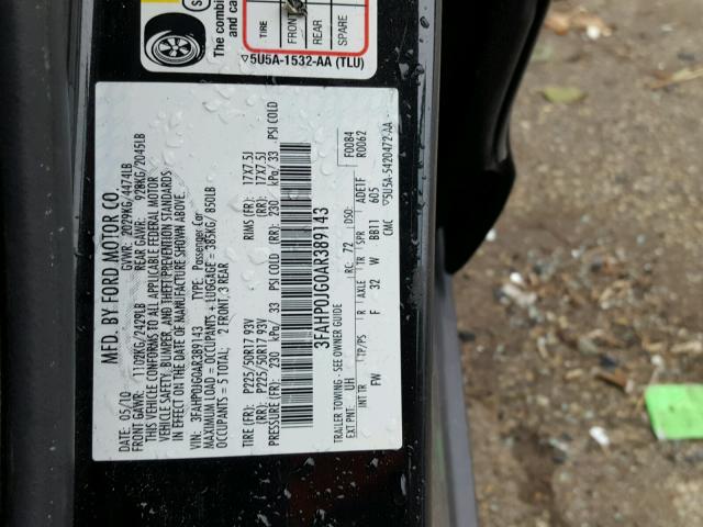 3FAHP0JG0AR389143 - 2010 FORD FUSION SEL BLACK photo 10