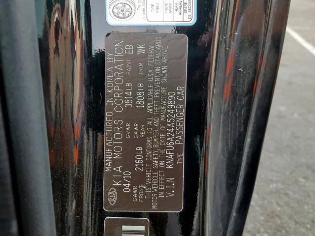 KNAFU6A24A5249890 - 2010 KIA FORTE EX BLACK photo 10