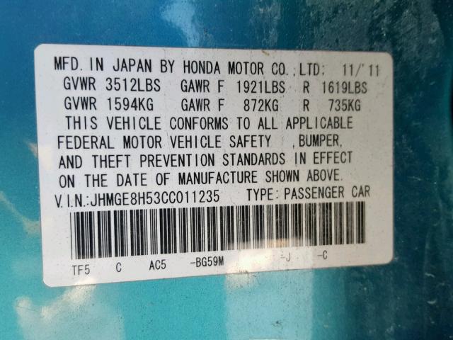 JHMGE8H53CC011235 - 2012 HONDA FIT SPORT BLUE photo 10