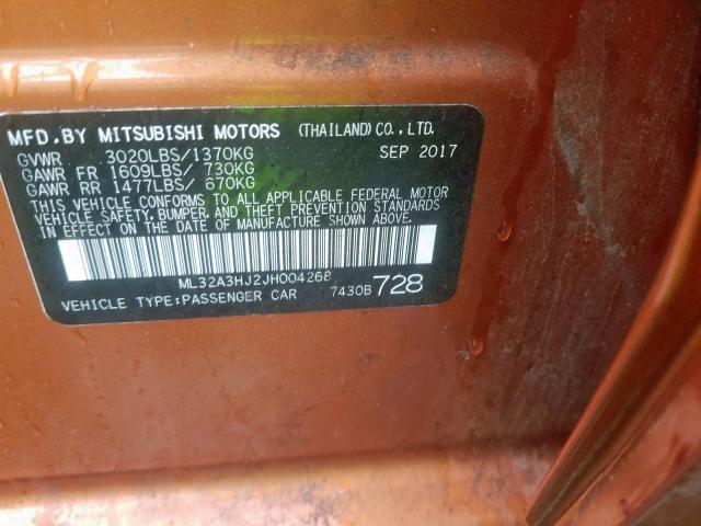 ML32A3HJ2JH004268 - 2018 MITSUBISHI MIRAGE ES ORANGE photo 10