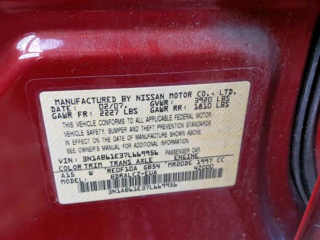 3N1AB61E37L669956 - 2007 NISSAN SENTRA 2.0 RED photo 10