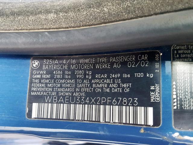 WBAEU334X2PF67823 - 2002 BMW 325 XI BLUE photo 10