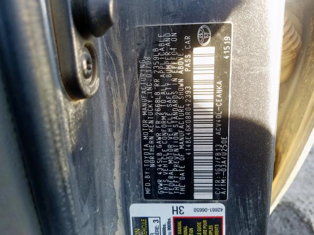 4T4BE46K08R042393 - 2008 TOYOTA CAMRY CE CHARCOAL photo 10