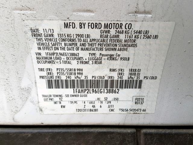 1FAHP2L96EG138862 - 2014 FORD TAURUS POL WHITE photo 10