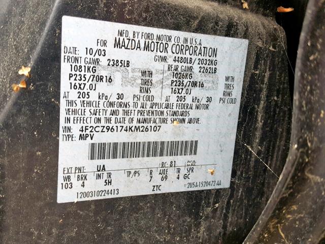 4F2CZ96174KM26107 - 2004 MAZDA TRIBUTE ES 黑色 照片 10