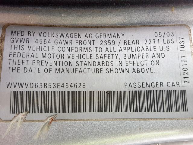 WVWVD63B53E464628 - 2003 VOLKSWAGEN PASSAT GLS SILVER photo 10