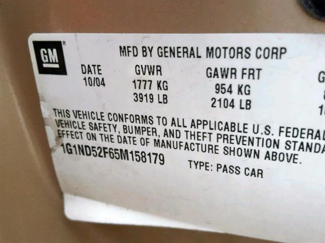 1G1ND52F65M158179 - 2005 CHEVROLET CLASSIC BEIGE photo 10