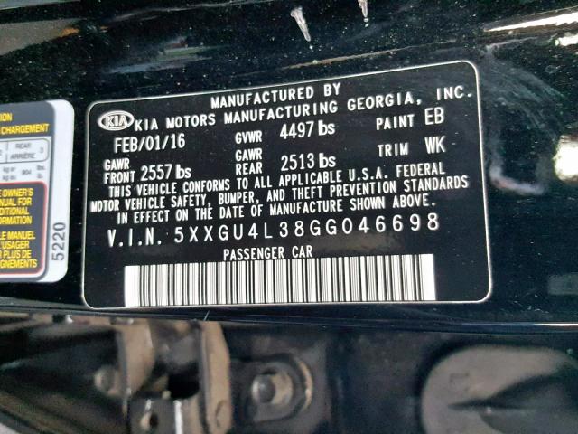 5XXGU4L38GG046698 - 2016 KIA OPTIMA EX  photo 10