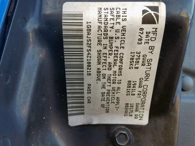 1G8AJ52F54Z100218 - 2004 SATURN ION LEVEL BLUE photo 10