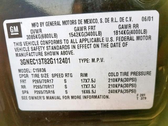 3GNEC13T82G112401 - 2002 CHEVROLET AVALANCHE BLACK photo 10