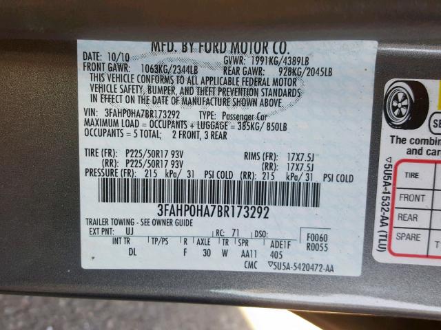 3FAHP0HA7BR173292 - 2011 FORD FUSION SE GRAY photo 10