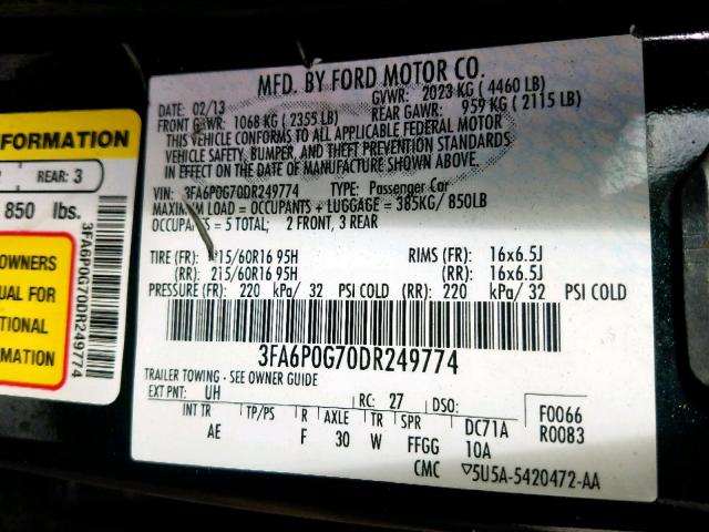 3FA6P0G70DR249774 - 2013 FORD FUSION S RED photo 10