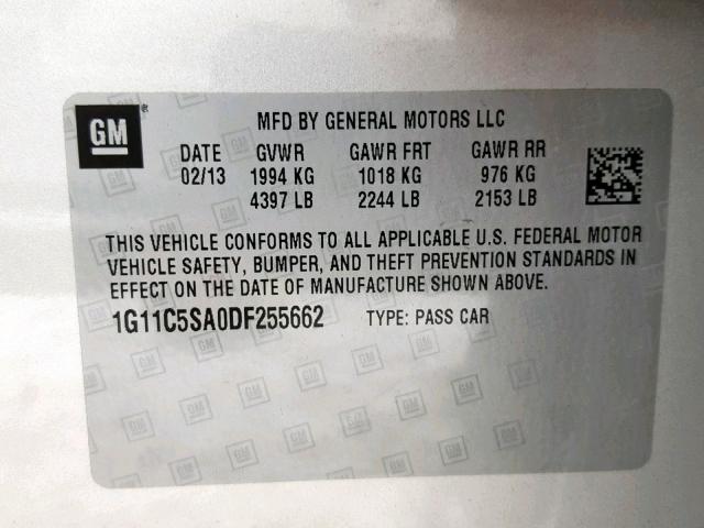 1G11C5SA0DF255662 - 2013 CHEVROLET MALIBU 1LT SILVER photo 10