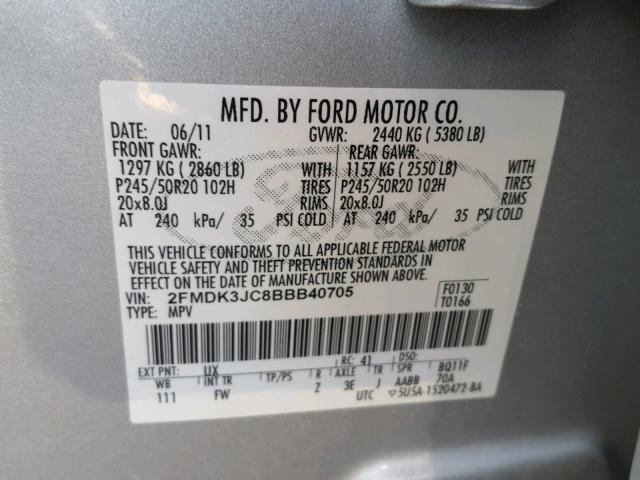 2FMDK3JC8BBB40705 - 2011 FORD EDGE SEL SILVER photo 10