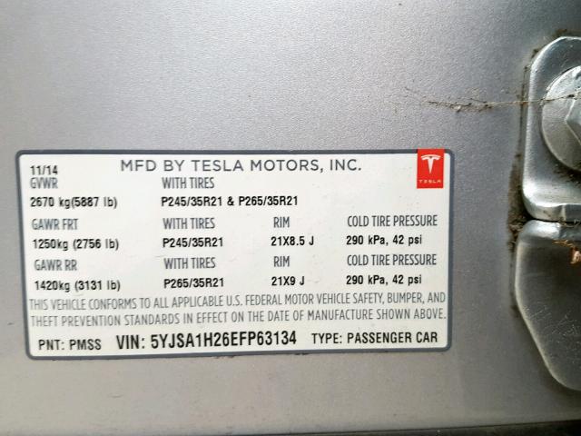 5YJSA1H26EFP63134 - 2014 TESLA MODEL S SILVER photo 10