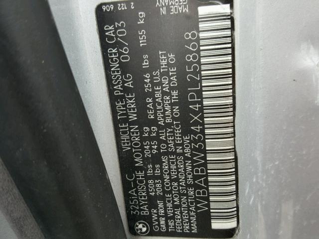WBABW334X4PL25868 - 2004 BMW 325 CI SILVER photo 10