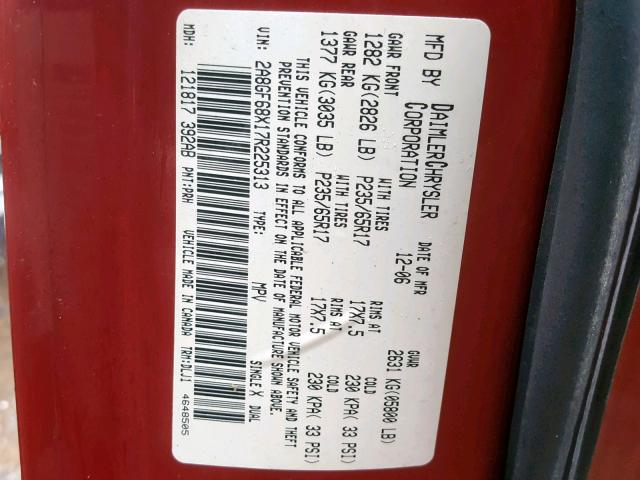 2A8GF68X17R225313 - 2007 CHRYSLER PACIFICA T RED photo 10