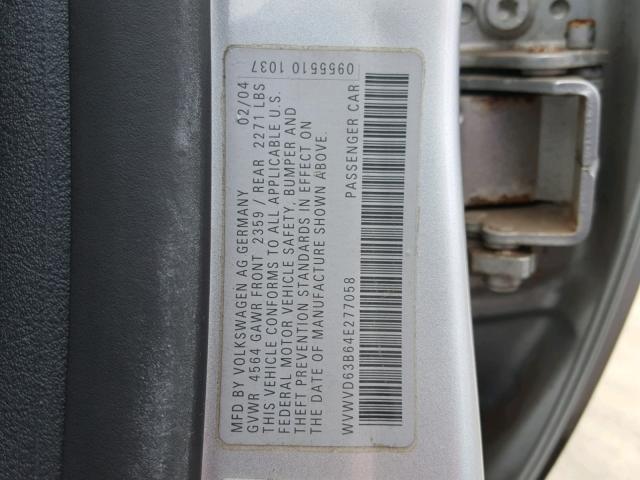 WVWVD63B64E277058 - 2004 VOLKSWAGEN PASSAT GLS SILVER photo 10