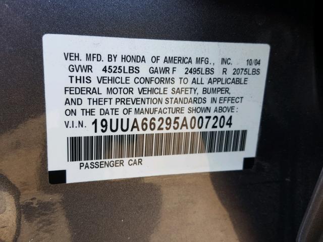 19UUA66295A007204 - 2005 ACURA TL GRAY photo 10