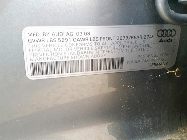 WAUDH74F28N127202 - 2008 AUDI A6 3.2 QUA GRAY photo 10