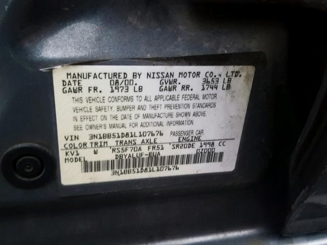 3N1BB51D81L107676 - 2001 NISSAN SENTRA SE GRAY photo 10