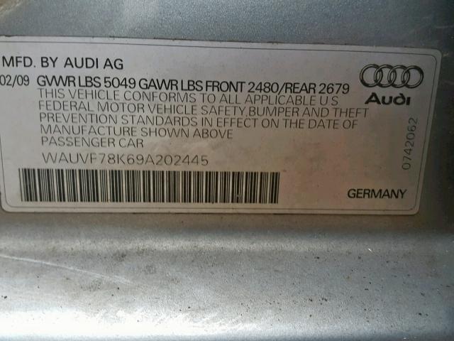 WAUVF78K69A202445 - 2009 AUDI A4 2.0T AV GRAY photo 10