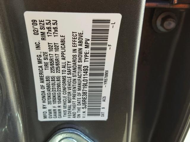 5J6RE38719L011493 - 2009 HONDA CR-V EXL GRAY photo 10