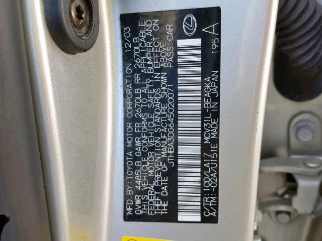 JTHBA30G645020071 - 2004 LEXUS ES 330 SILVER photo 10