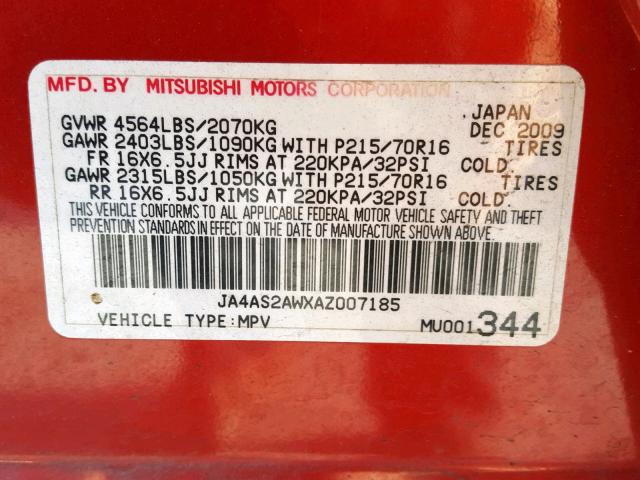 JA4AS2AWXAZ007185 - 2010 MITSUBISHI OUTLANDER RED photo 10