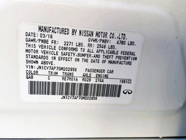 JN1CV7AP7GM202956 - 2016 INFINITI Q50 BASE WHITE photo 10