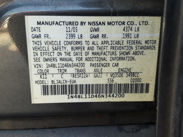 1N4BL11D46N344200 - 2006 NISSAN ALTIMA SE GRAY photo 10