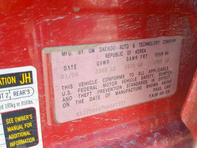 KL1TD56676B641371 - 2006 CHEVROLET AVEO BASE Қызыл фото 10
