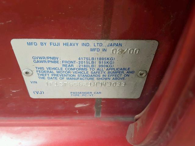 JF1SF65621H743033 - 2001 SUBARU FORESTER S RED photo 10